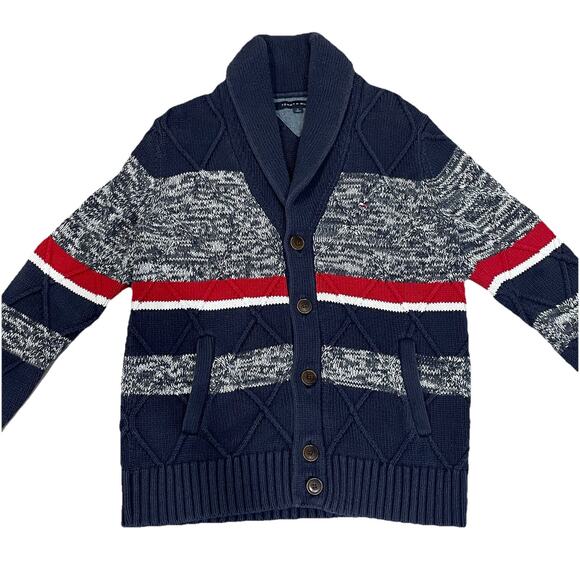 Tommy Hilfiger Mens Cardigan M Cable-Knit Sweater Chunky Grandpa Patriotic - Picture 1 of 7